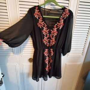 Black and coral dress with sheer sleeve